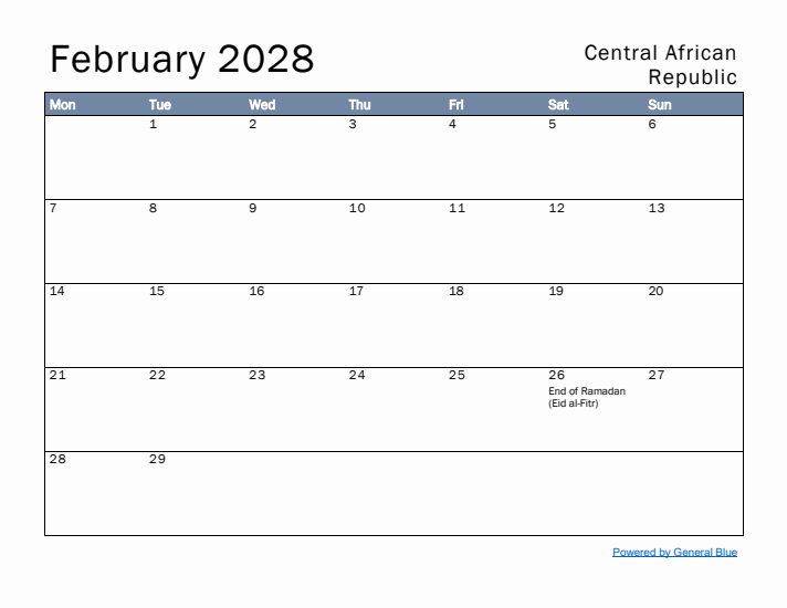 February 2028 Simple Monthly Calendar for Central African Republic