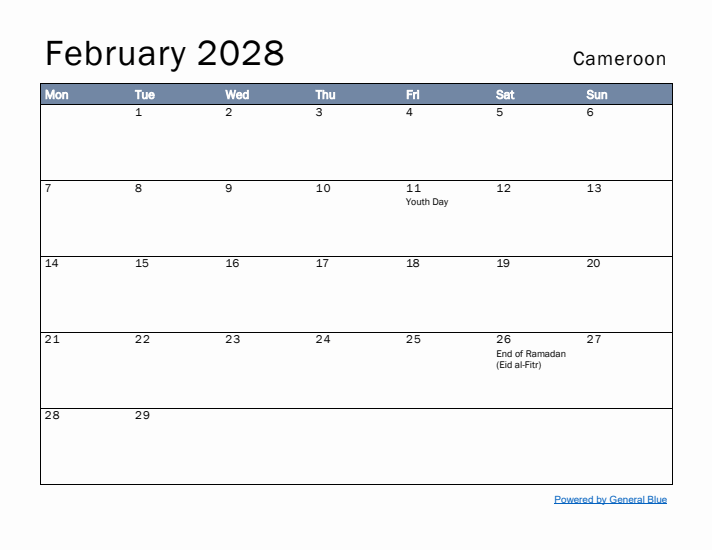 February 2028 Simple Monthly Calendar for Cameroon