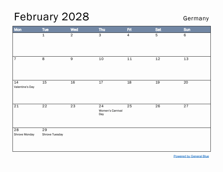 February 2028 Simple Monthly Calendar for Germany