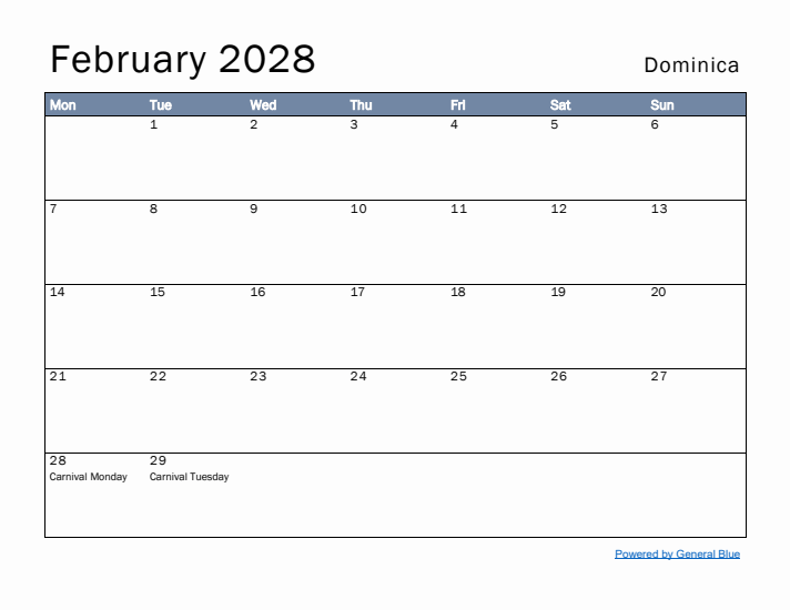 February 2028 Simple Monthly Calendar for Dominica