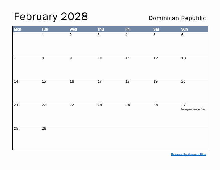 February 2028 Simple Monthly Calendar for Dominican Republic