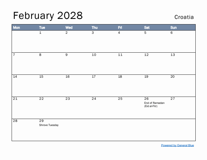 February 2028 Simple Monthly Calendar for Croatia