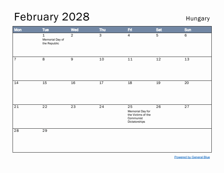 February 2028 Simple Monthly Calendar for Hungary