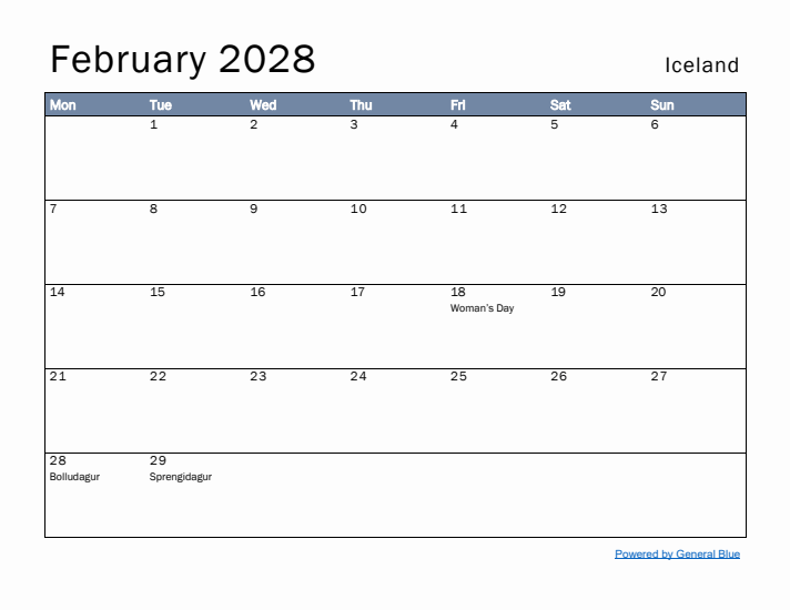 February 2028 Simple Monthly Calendar for Iceland