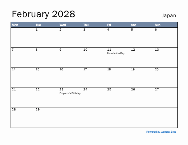 February 2028 Simple Monthly Calendar for Japan