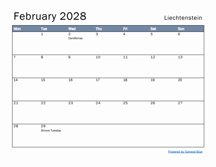 February 2028 Simple Monthly Calendar for Liechtenstein