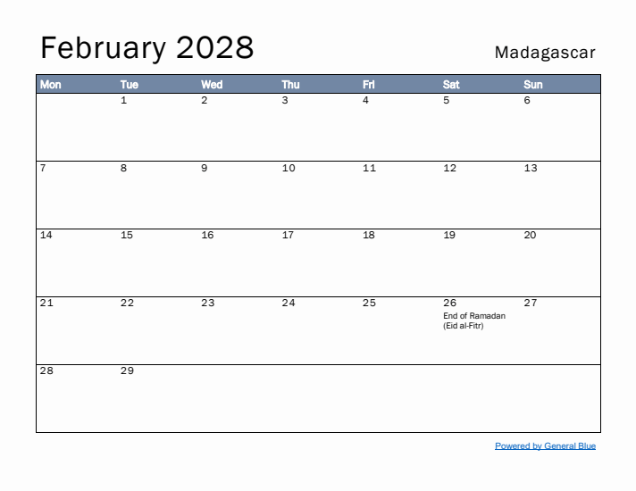 February 2028 Simple Monthly Calendar for Madagascar