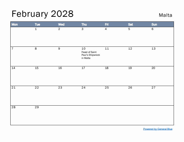 February 2028 Simple Monthly Calendar for Malta