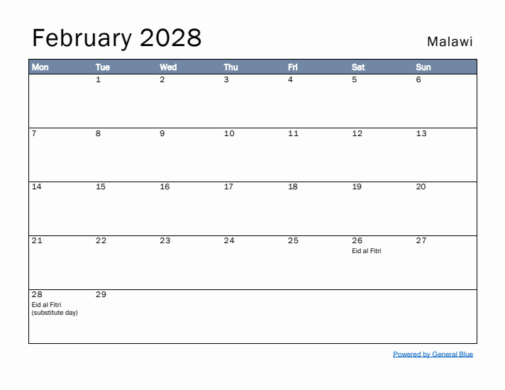 February 2028 Simple Monthly Calendar for Malawi