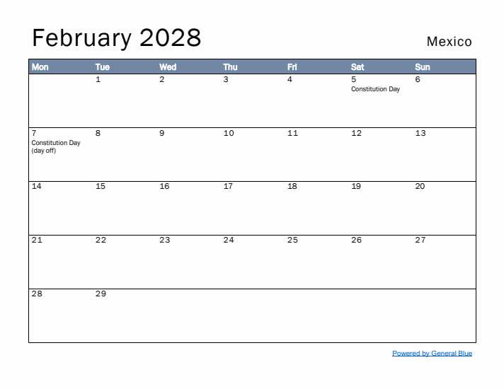 February 2028 Simple Monthly Calendar for Mexico