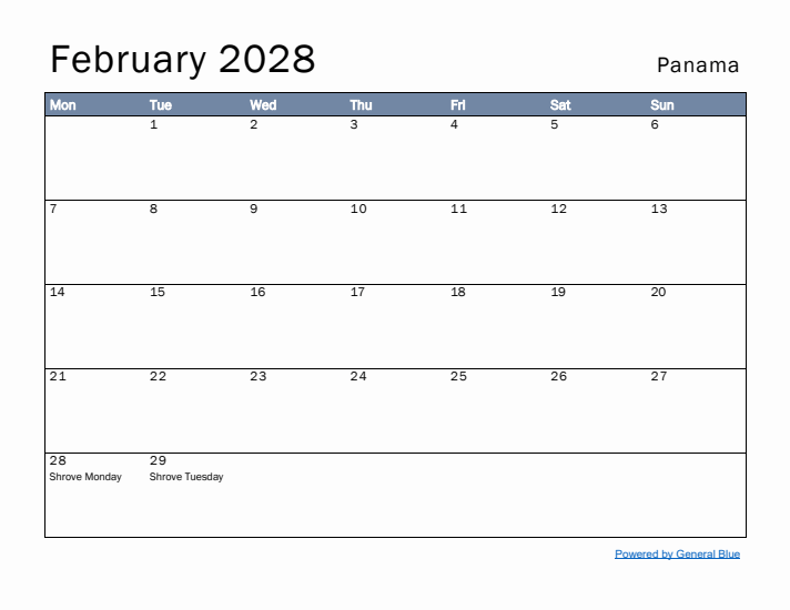 February 2028 Simple Monthly Calendar for Panama