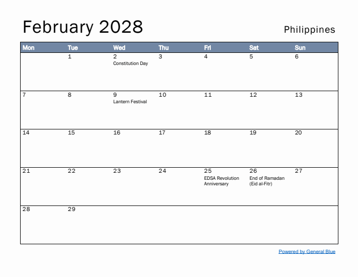 February 2028 Simple Monthly Calendar for Philippines