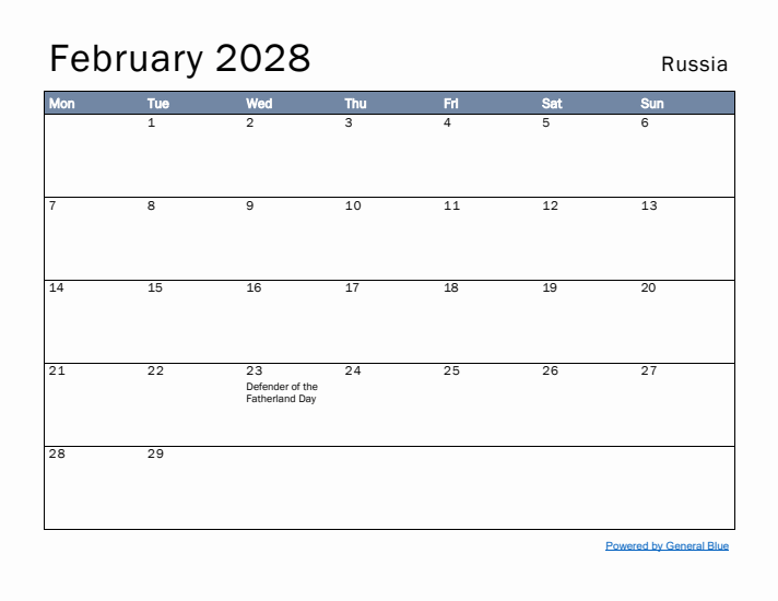 February 2028 Simple Monthly Calendar for Russia