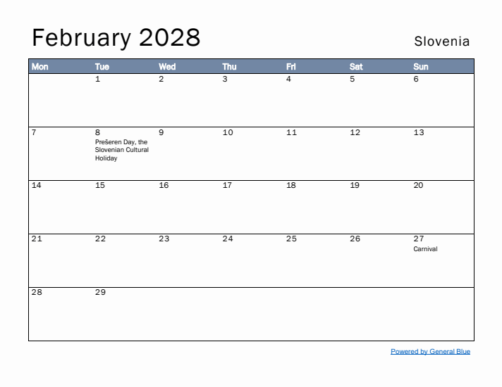 February 2028 Simple Monthly Calendar for Slovenia