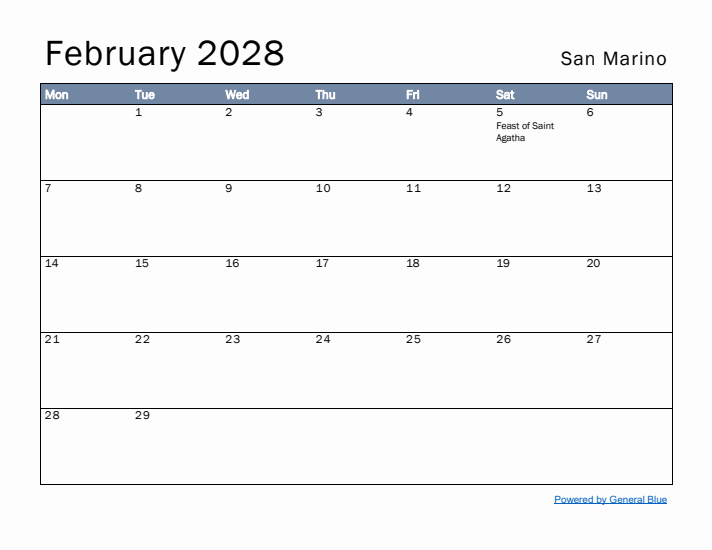 February 2028 Simple Monthly Calendar for San Marino