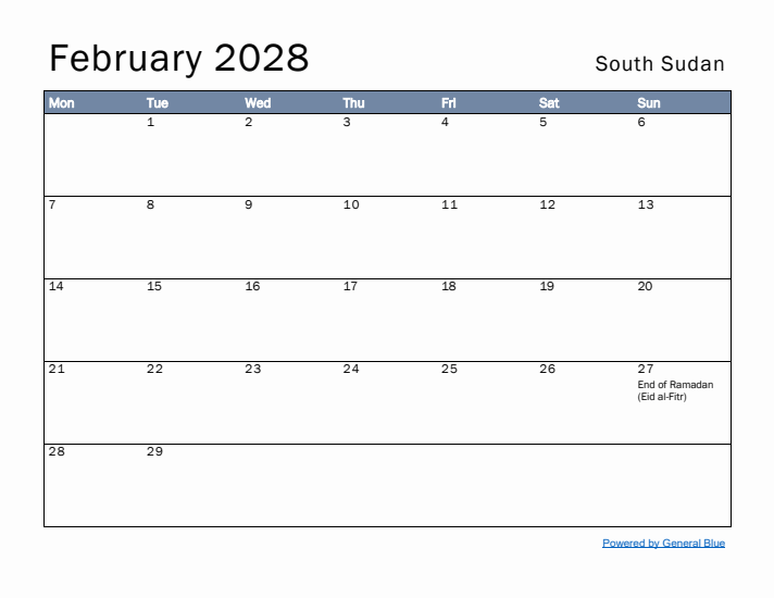 February 2028 Simple Monthly Calendar for South Sudan