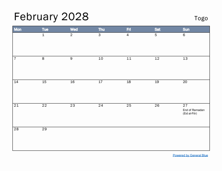 February 2028 Simple Monthly Calendar for Togo