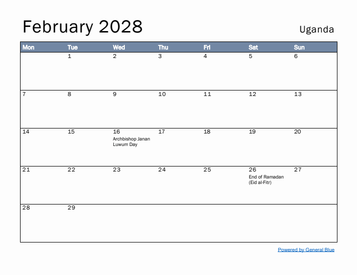 February 2028 Simple Monthly Calendar for Uganda