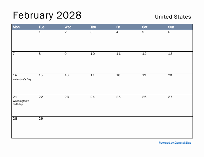 February 2028 Simple Monthly Calendar for United States