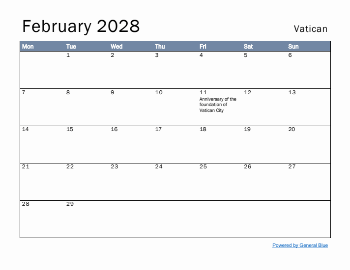 February 2028 Simple Monthly Calendar for Vatican