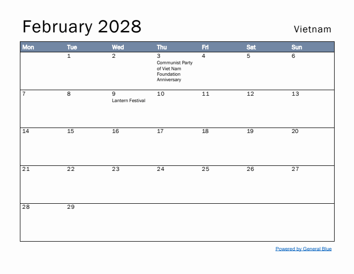 February 2028 Simple Monthly Calendar for Vietnam