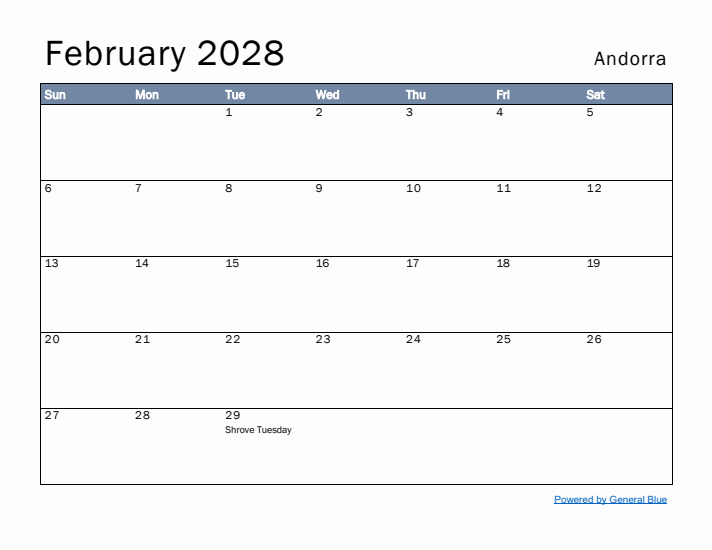 February 2028 Simple Monthly Calendar for Andorra