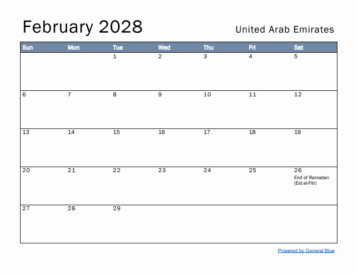 February 2028 Simple Monthly Calendar for United Arab Emirates