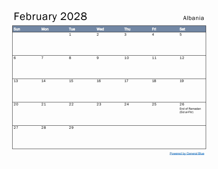 February 2028 Simple Monthly Calendar for Albania