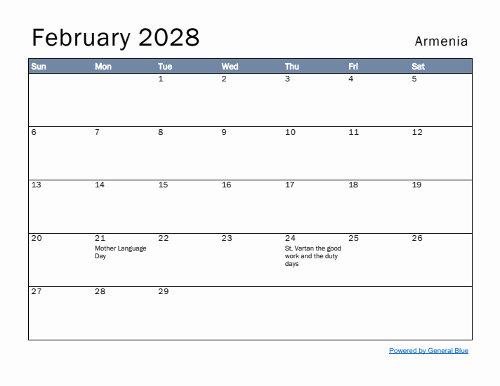 February 2028 Simple Monthly Calendar for Armenia