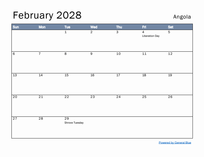 February 2028 Simple Monthly Calendar for Angola