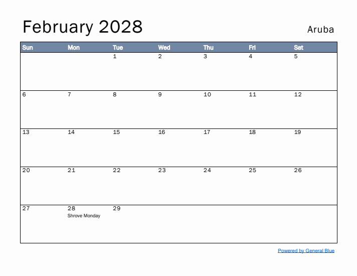 February 2028 Simple Monthly Calendar for Aruba