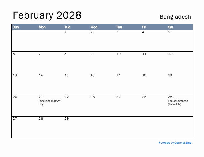 February 2028 Simple Monthly Calendar for Bangladesh