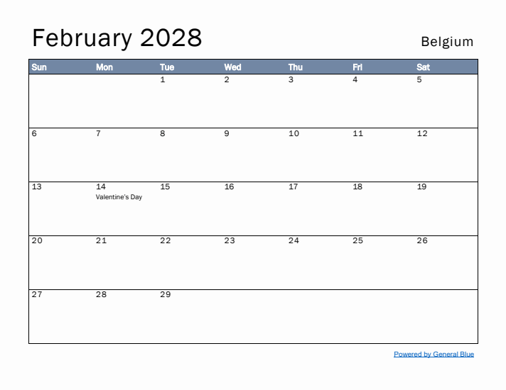 February 2028 Simple Monthly Calendar for Belgium