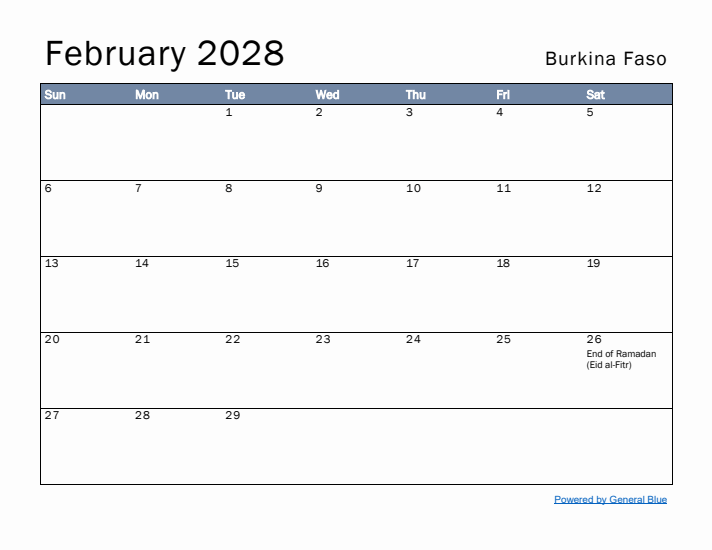 February 2028 Simple Monthly Calendar for Burkina Faso