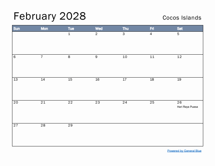 February 2028 Simple Monthly Calendar for Cocos Islands