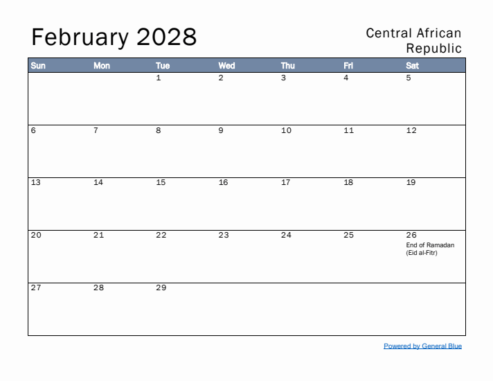 February 2028 Simple Monthly Calendar for Central African Republic