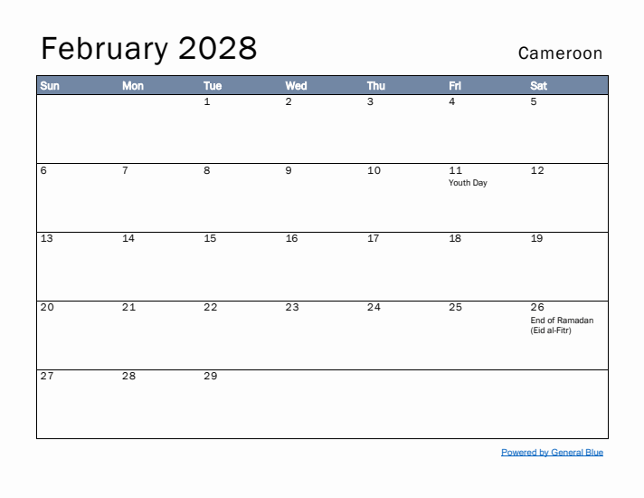 February 2028 Simple Monthly Calendar for Cameroon