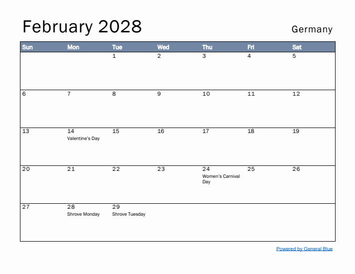 February 2028 Simple Monthly Calendar for Germany