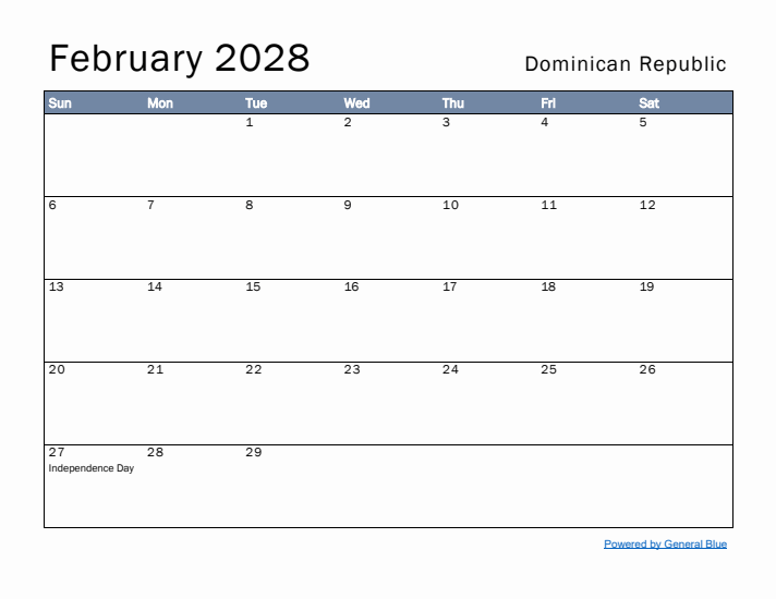 February 2028 Simple Monthly Calendar for Dominican Republic