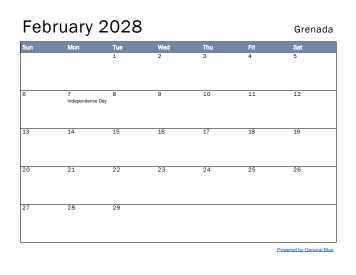 February 2028 Simple Monthly Calendar for Grenada