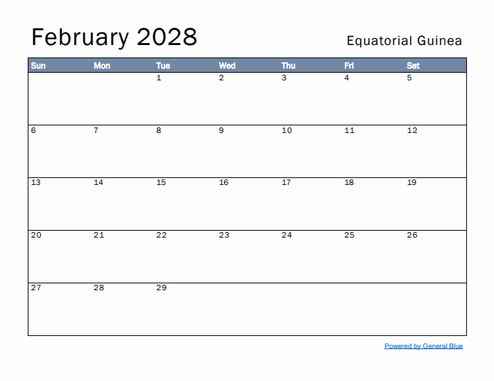 February 2028 Simple Monthly Calendar for Equatorial Guinea