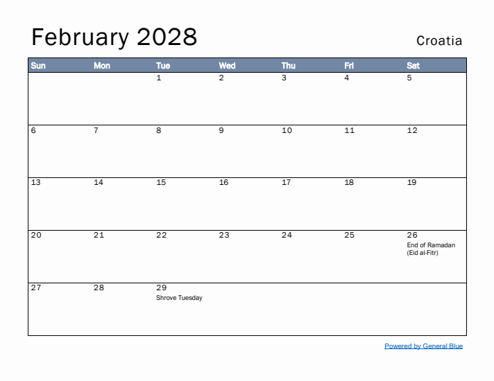 February 2028 Simple Monthly Calendar for Croatia