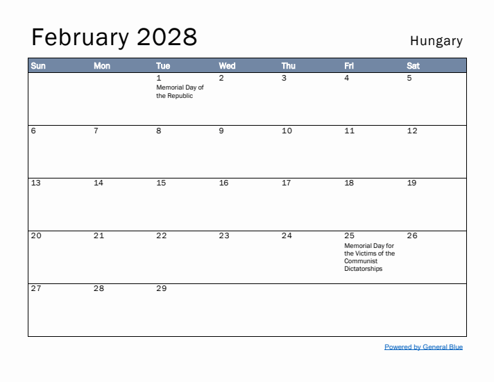 February 2028 Simple Monthly Calendar for Hungary