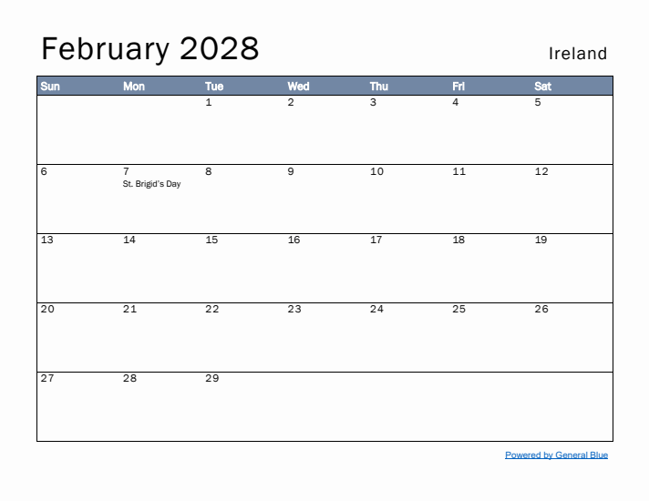 February 2028 Simple Monthly Calendar for Ireland