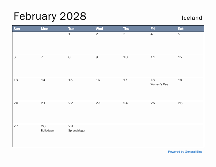 February 2028 Simple Monthly Calendar for Iceland