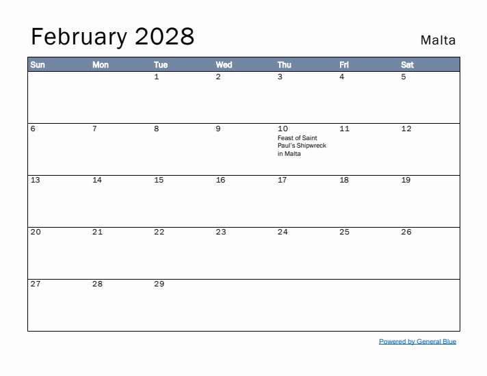 February 2028 Simple Monthly Calendar for Malta