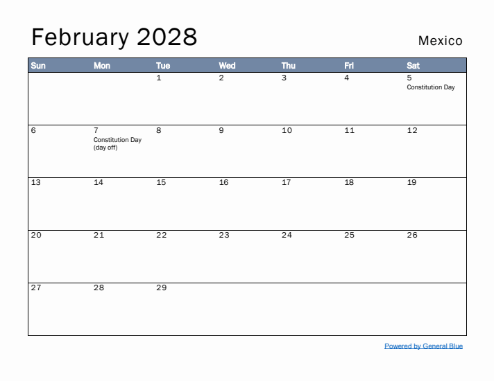 February 2028 Simple Monthly Calendar for Mexico