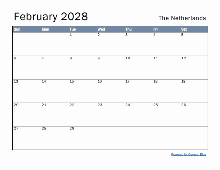 February 2028 Simple Monthly Calendar for The Netherlands