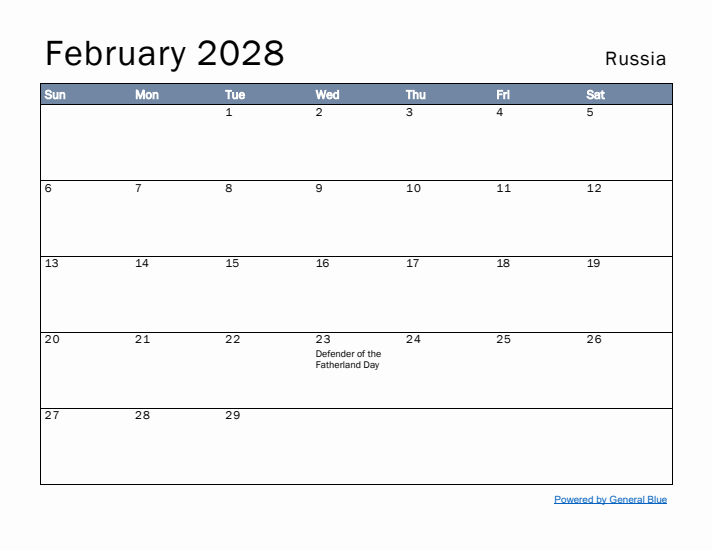 February 2028 Simple Monthly Calendar for Russia