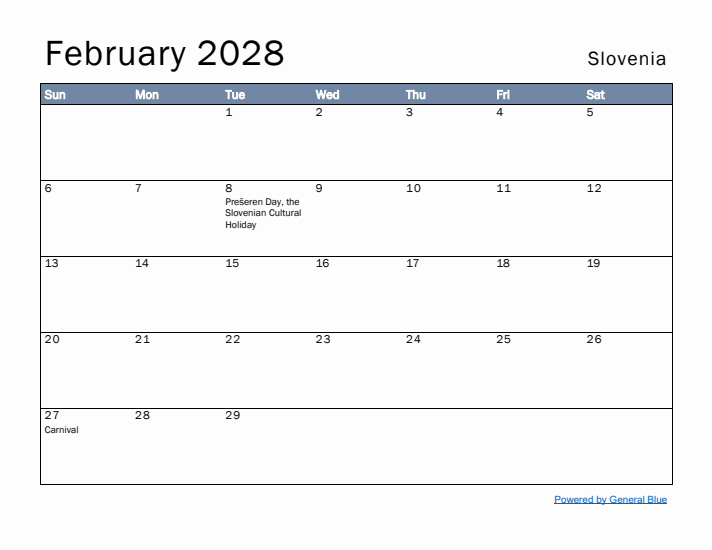 February 2028 Simple Monthly Calendar for Slovenia